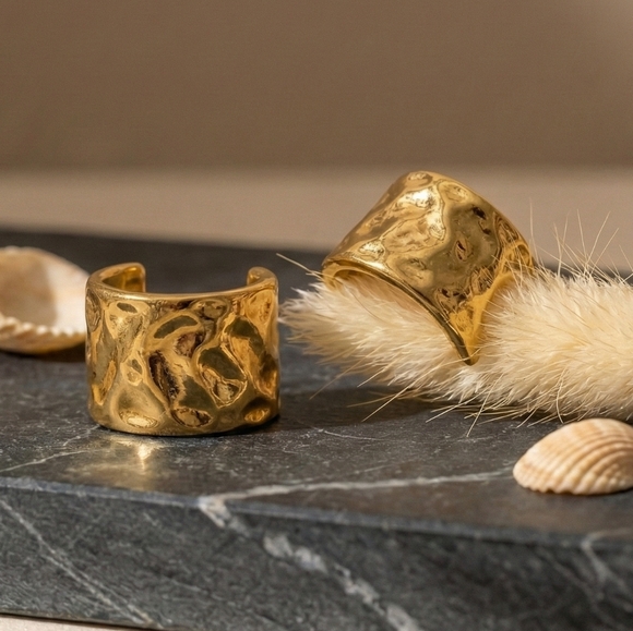 18K Gold Plated Hammered C-Hoop Earrings Bold Statement Jewelry - Picture 7 of 9